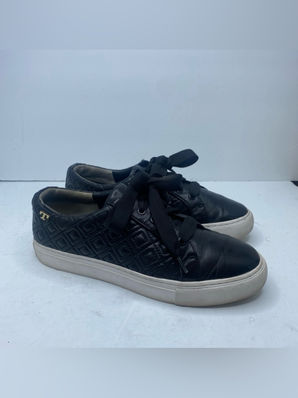 Tory Burch Black Quilted Leather Lace-Up Sneakers with Gold Logo Accent